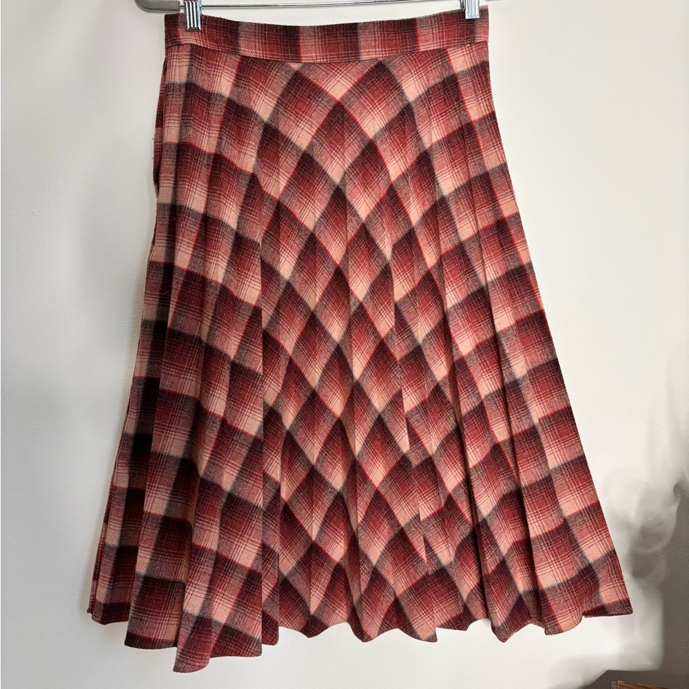 Vintage Pleated Midi Skirt Plaid Wool Blend Size 13/14 Pink/Maroon/Teal